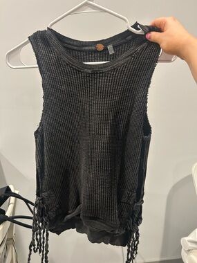 Free People Black Waffle Knit Fringe Tank